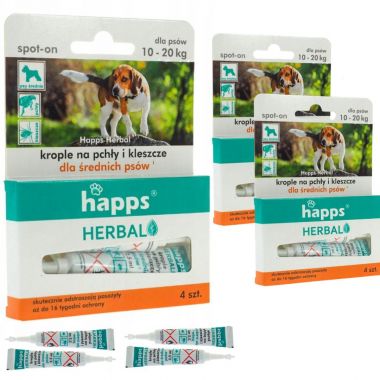 Krople przeciw pchłom i kleszczom dla psów średnich 10-20 kg Happs Herbal (4 sztuki) x 3 opakowania