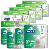 Papier toaletowy Lambi Rumianek (8 rolek) x 4 sztuki + Ręczniki papierowe Lambi Kitchen x 4 sztuki
