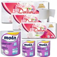 Ręcznik papierowy Mola Komfort x 3 sztuki + Papier toaletowy Dalia biały soft&strong 3-warstwowy (8 rolek) x 3 opakowania
