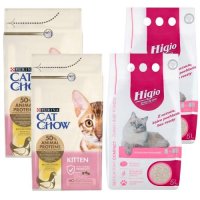 Żwirek dla kota bentonitowy zapach Baby Powder Higio Compact 5 l x 2 sztuki + Karma dla kota Purina Cat Chow Kitten z kurczakiem 1,5 kg x 2 sztuki
