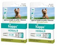 ***Krople przeciw pchłom i kleszczom dla psów małych 5-10 kg Happs Herbal (4 sztuki) x 2 opakowania