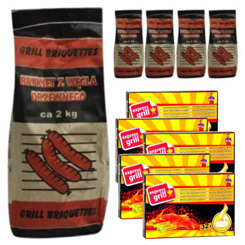 Brykiet z węgla drzewnego 2 kg x 5 sztuk + Podpałka w kostce Express Grill do grilla, pieców i kominków (32 sztuki) x 5 opakowań