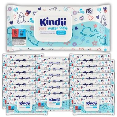 Chusteczki dla dzieci i niemowląt Cleanic Kindii pure water 99% (60 sztuk) x 24 opakowania
