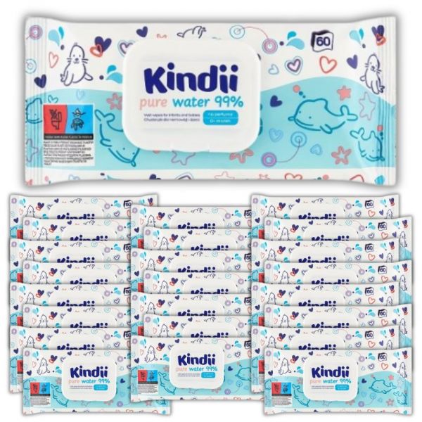 Chusteczki dla dzieci i niemowląt Cleanic Kindii pure water 99% (60 sztuk) x 24 opakowania