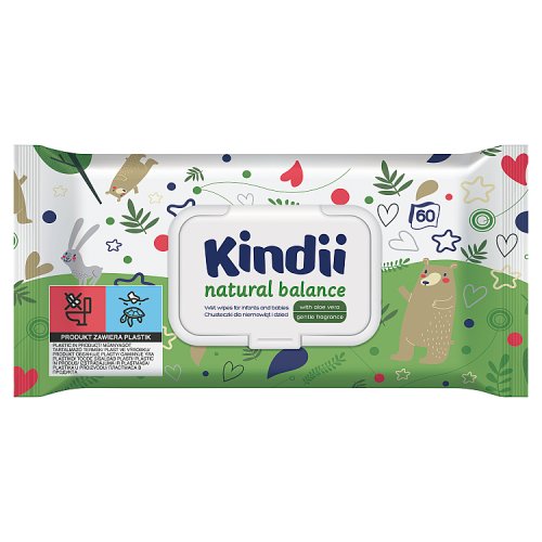 Chusteczki dla dzieci i niemowląt do skóry wrażliwej z ekstraktem z aloesu i alantoiną Cleanic Kindii natural balance (60 sztuk)