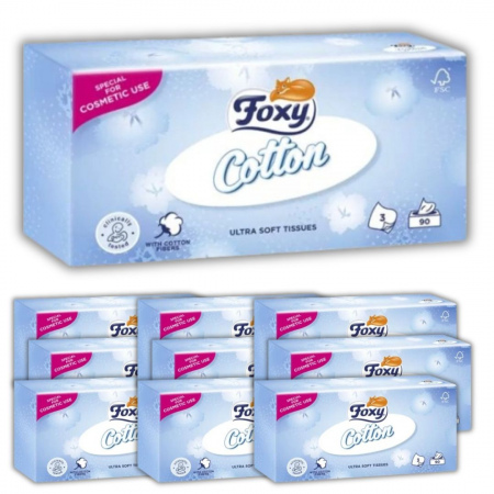 Chusteczki Foxy Cotton Ultra miękkie 3 warstwy 90 sztuk x 10 opakowań