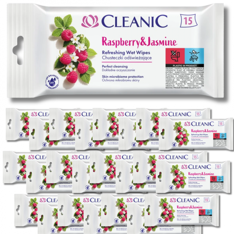 Chusteczki odświeżające Cleanic  Raspberry&Jasmine (15 sztuk) x 24 sztuki