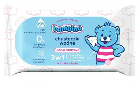 Chusteczki wodne 3w1, hipoalergiczne Bambino (57 sztuk)