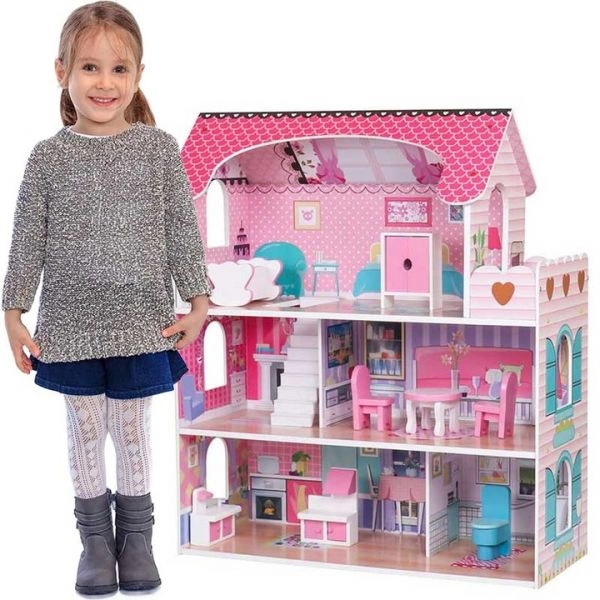 Duży Drewniany Domek dla Lalek z Mebelkami