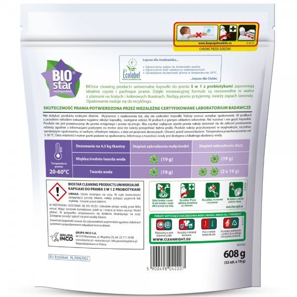Kapsułki do prania BIOstar cleaning products uniwersalne 5 w 1 z probiotykami (32 sztuki)