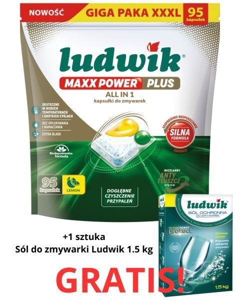 Kapsułki do zmywarek Ludwik Maxx Power Plus All in One Lemon (95 sztuk) + Sól do zmywarki Ludwik 1.5 kg Gratis