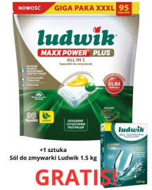 Kapsułki do zmywarek Ludwik Maxx Power Plus All in One Lemon (95 sztuk) + Sól do zmywarki Ludwik 1.5 kg Gratis