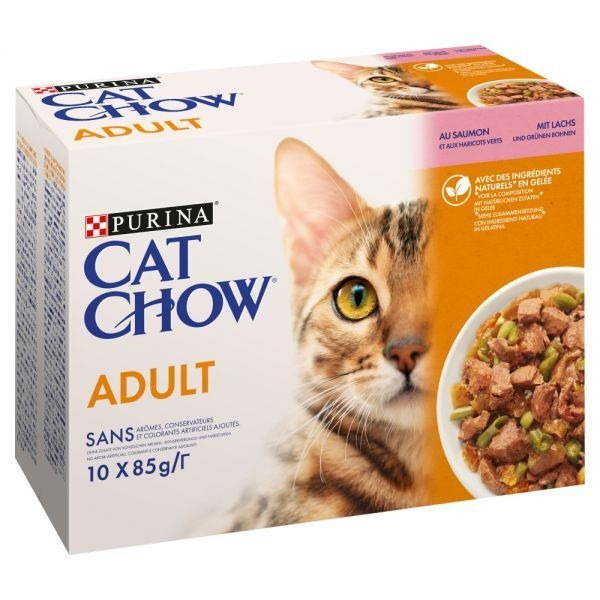 Karma dla kota Cat Chow Adult z łososiem i zieloną fasolką w galaretce 850 g (10 x 85 g)