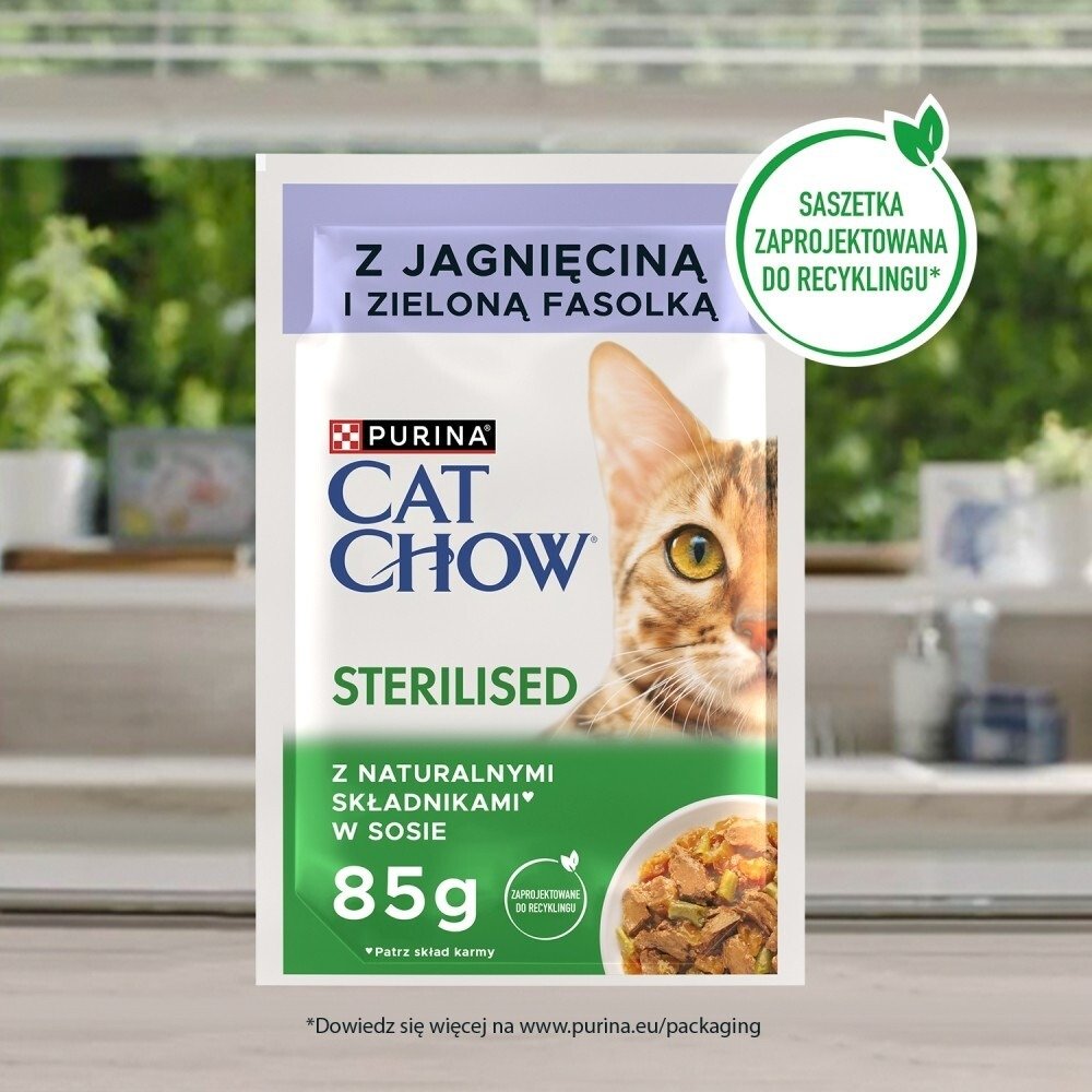 Karma dla kota Cat Chow Sterilised z jagnięciną i zieloną fasolką w sosie 85 g (24 sztuki) + Karma dla kota Cat Chow Sterilised z kurczakiem i bakłażanem w sosie 85 g (24 sztuki)