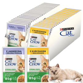 Karma dla kota Cat Chow Sterilised z jagnięciną i zieloną fasolką w sosie 85 g (24 sztuki) + Karma dla kota Cat Chow Sterilised z kurczakiem i bakłażanem w sosie 85 g (24 sztuki)