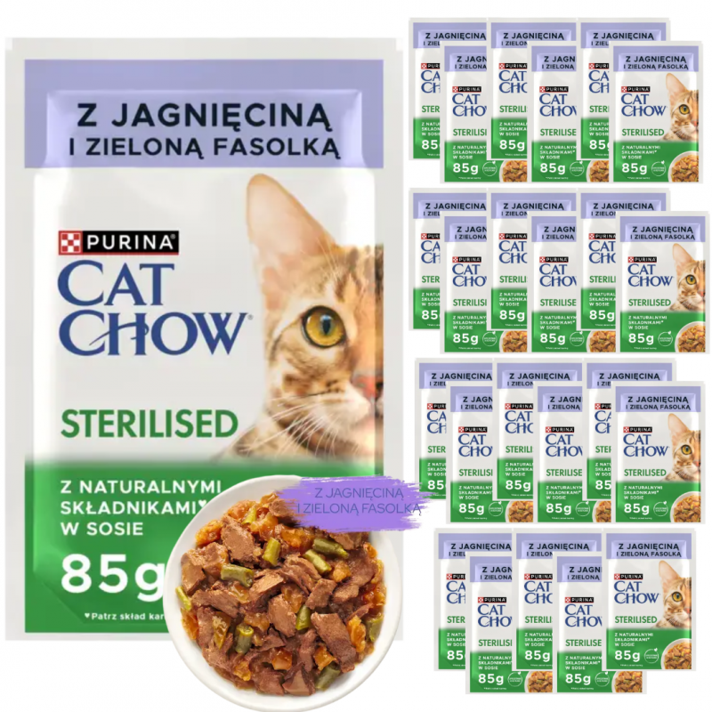 Karma dla kota Cat Chow Sterilised z jagnięciną i zieloną fasolką w sosie 85 g (24 sztuki)