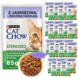 Karma dla kota Cat Chow Sterilised z jagnięciną i zieloną fasolką w sosie 85 g (24 sztuki)