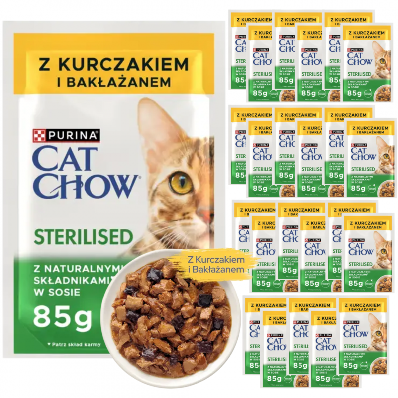 Karma dla kota Cat Chow Sterilised z kurczakiem i bakłażanem w sosie 85 g (24 sztuki)