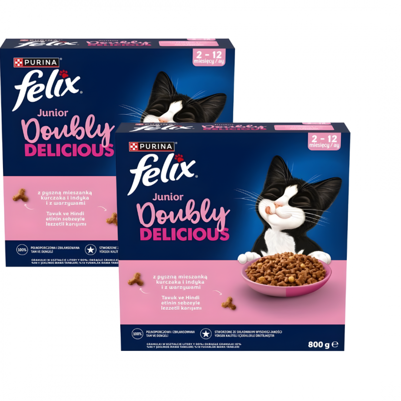 Karma dla kota Felix Doubly Delicious Junior z mieszanką kurczaka i indyka i z warzywami 2-12 miesięcy 800 g x 2 sztuki