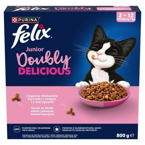 Karma dla kota Felix Doubly Delicious Junior z mieszanką kurczaka i indyka i z warzywami 2-12 miesięcy 800 g