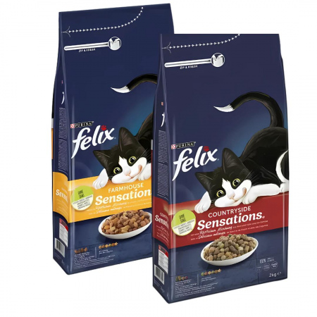 Karma dla kota Felix Farmhouse Sensations z mieszanką kurczaka i indyka i z warzywami 2 kg + Karma dla kota Felix Countryside Sensations z mieszanką wołowiny i kurczaka i z warzywami 2 kg GRATIS