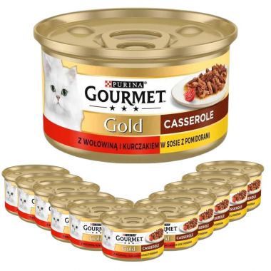 Karma dla kota Gourmet Gold casserole z wołowiną i kurczakiem w sosie z pomidorami 85 g (12 sztuk)