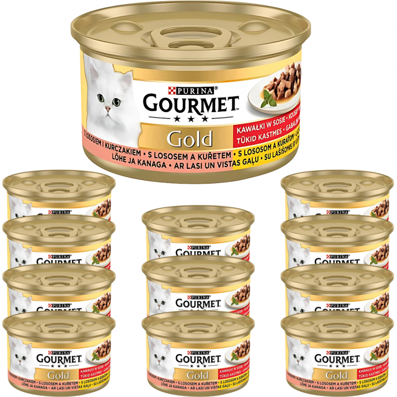 Karma dla kota Gourmet Gold łosoś i kurczak w sosie z pomidorami 85 g (12 sztuk)