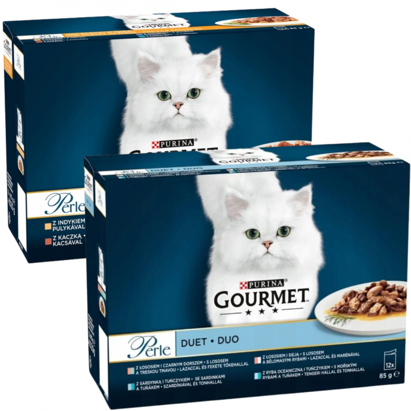 Karma dla kota Gourmet Perle duet 1020 g (12 x 85 g) + Karma dla kota Gourmet Perle mini fileciki w sosie 1020 g (12 x 85 g)