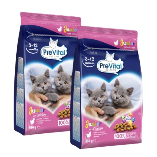 Karma dla kota PreVital junior z kurczakiem 950 g x 2 sztuki + Żwirek dla kota Tropi Bentonit naturalny 5 l x 2 sztuki