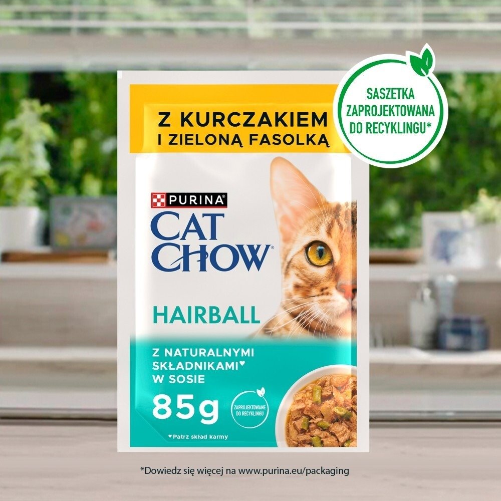 Karma dla kota Purina Cat Chow Hairball Control Mokra z kurczakiem i zieloną fasolką w sosie 85 g (24 sztuki)