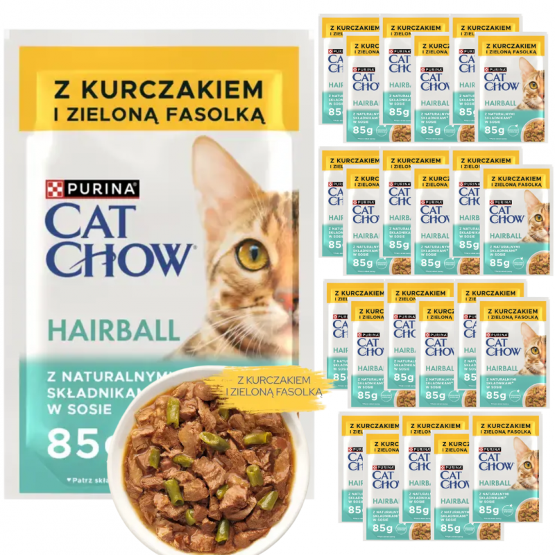 Karma dla kota Purina Cat Chow Hairball Control Mokra z kurczakiem i zieloną fasolką w sosie 85 g (24 sztuki)