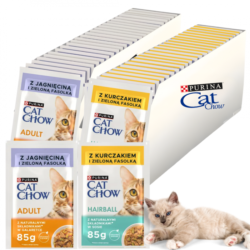 Karma dla kota Purina Cat Chow Hairball z kurczakiem i zieloną fasolką w sosie 85 g x 26 sztuk + Karma dla kota Purina Cat Chow Adult z jagnięciną i zieloną fasolką w galaretce 85 g (26 sztuk)