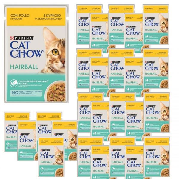 Karma dla kota Purina Cat Chow Hairball z kurczakiem i zieloną fasolką w sosie 85 g x 26 sztuk