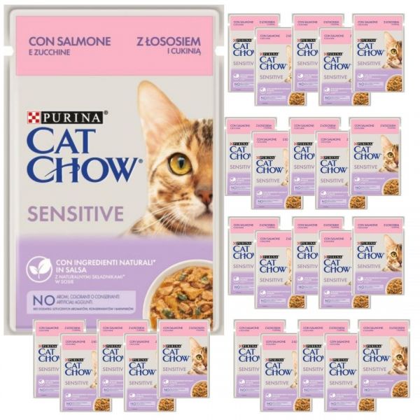 Karma dla kota Purina Cat Chow Sensitive z łososiem i cukinią w sosie 85 g (26 sztuk)