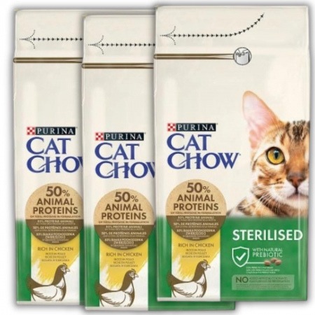 Karma dla kota Purina Cat Chow Sterilised bogata w kurczaka 1,5 kg x 2 opakowania + 1 OPAKOWANIE GRATIS!