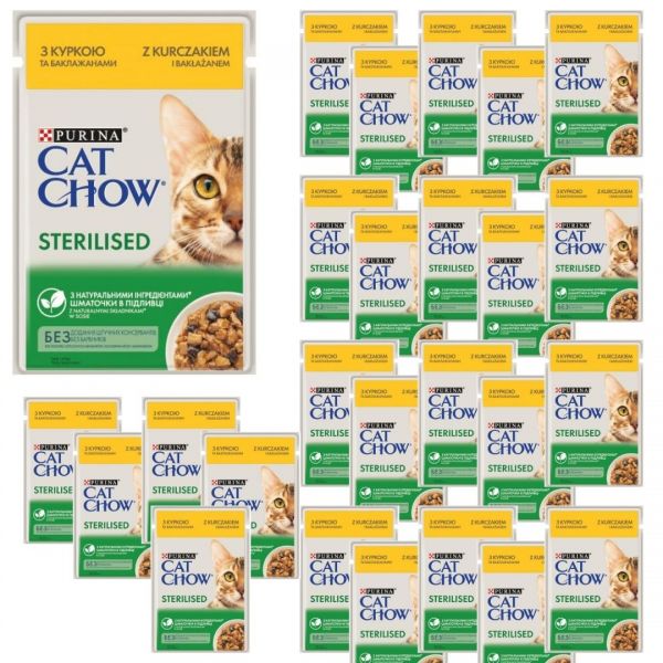 Karma dla kota Purina Cat Chow Sterilised z kurczakiem i bakłażanem w sosie 85 g x 26 sztuk
