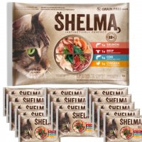 Karma dla kota Shelma łosoś,wołowina,dorsz,kurczak (4 x 85g) x 15 opakowań