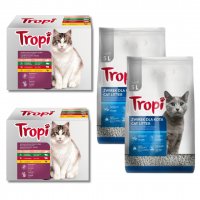 Karma dla kota Tropi mix smaków 100 g (12 sztuk) x 2 opakowania + Żwirek dla kota Tropi Bentonit naturalny 5 l x 2 sztuki