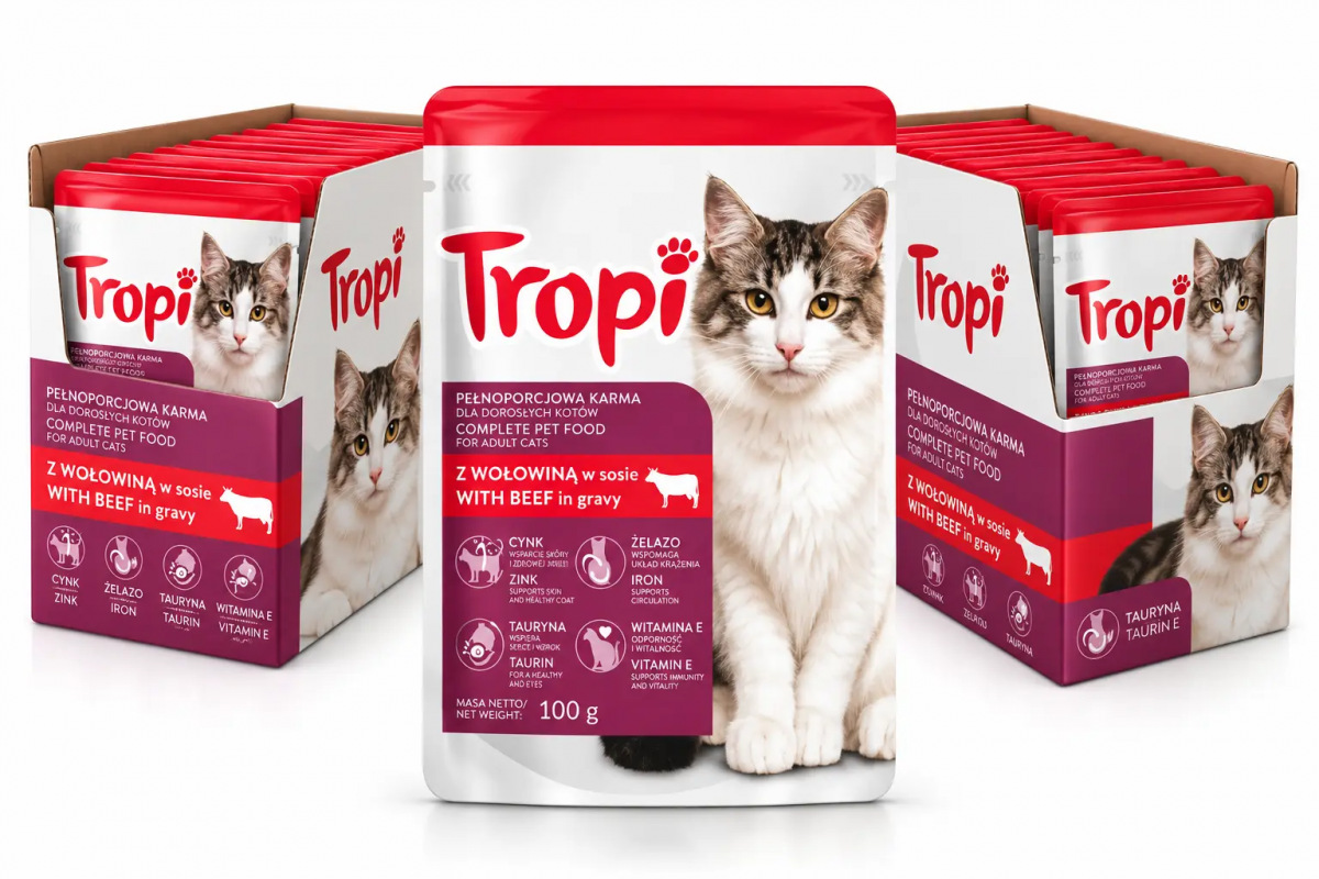 Karma dla kota Tropi z wołowiną w sosie 100 g x 48