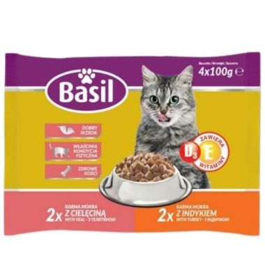 Karma dla kota z cielęciną i indykiem Basil (4 saszetki x 100 g)