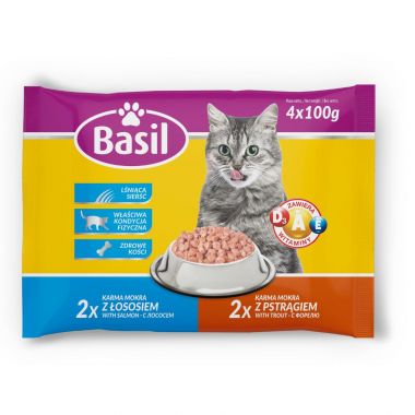 Karma dla kota z pstrągiem i łososiem Basil saszetka 100 g x 4 saszetki