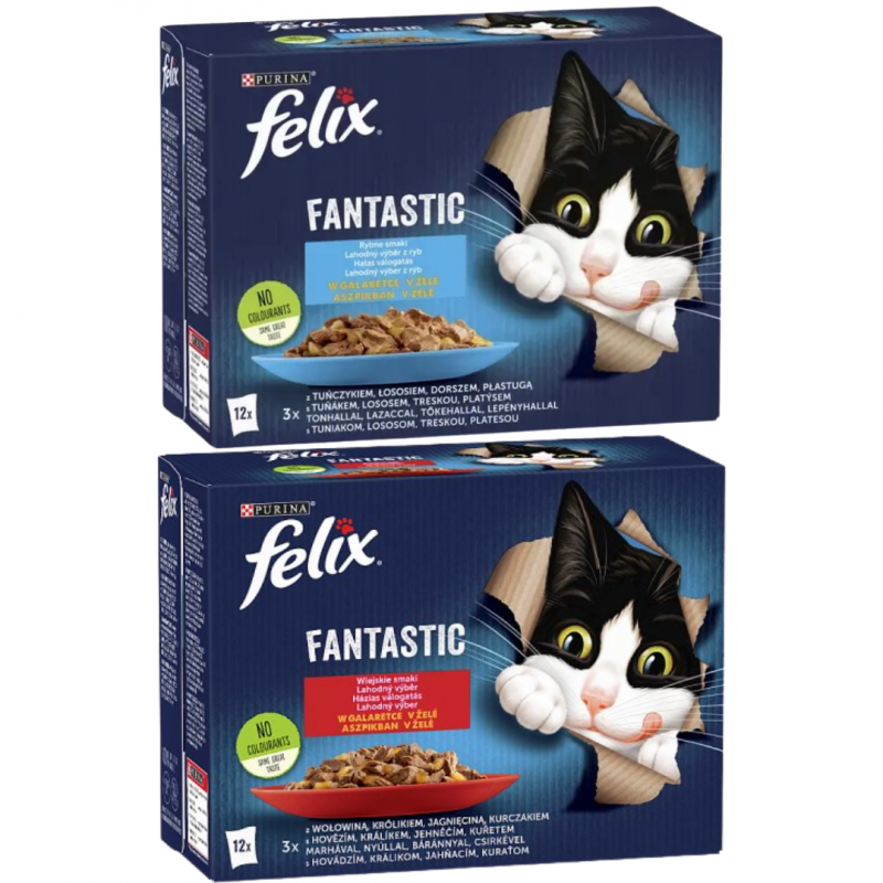 Karma dla kotów Felix Fantastic rybne smaki w galaretce 1,02 kg (12 x 85 g) + Karma dla kota Felix Fantastic wiejskie smaki w galaretce 1,02 kg (12 x 85 g)