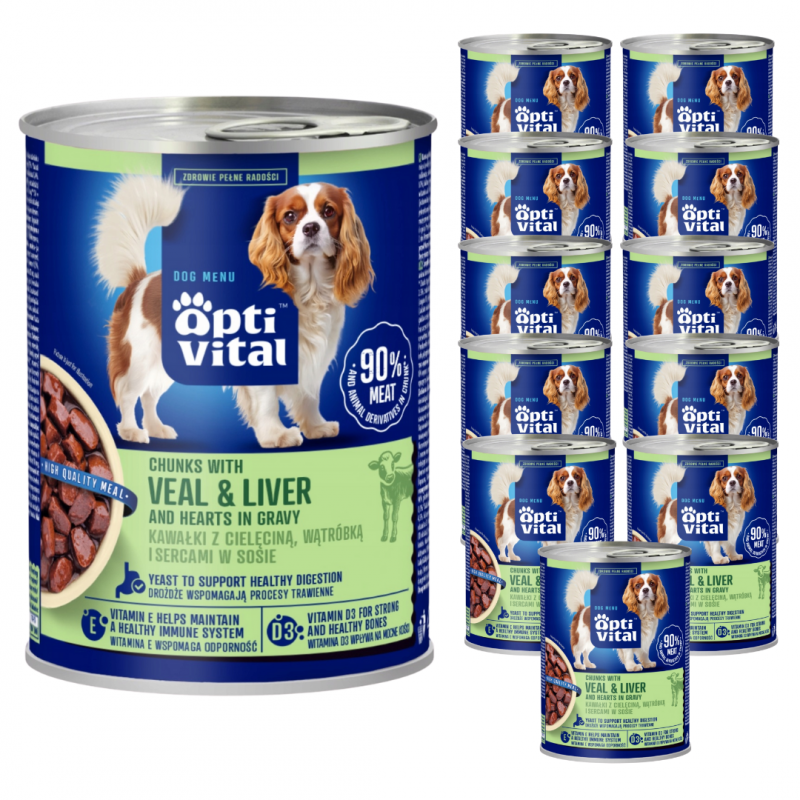 Karma dla psa OptiVital z cielęciną, wątróbką i sercami oraz marchewką w sosie 415 g x 12 sztuk