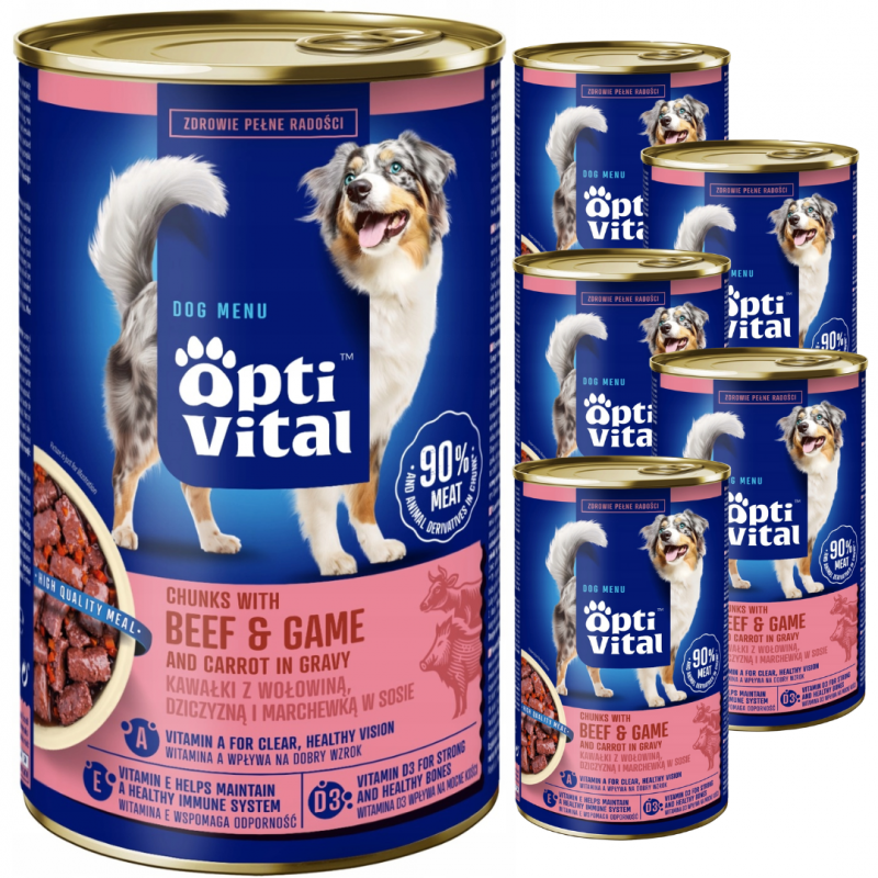 Karma dla psa OptiVital z wołowiną oraz dziczyzną i marchewką w sosie 1250 g x 6 opakowań