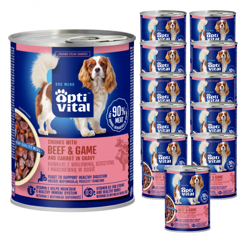 Karma dla psa OptiVital z wołowiną oraz dziczyzną i marchewką w sosie 415 g x 12 sztuk