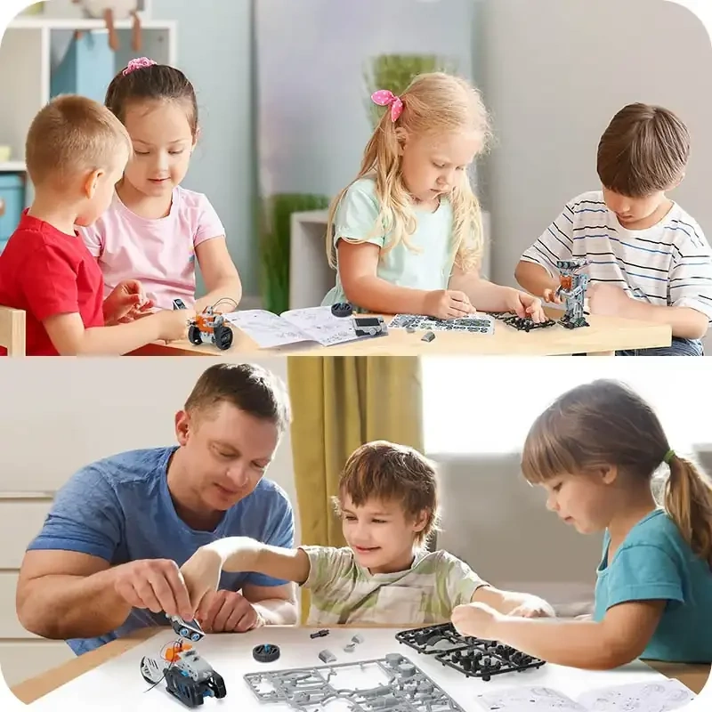 Dzieci bawiące się i budujące robota solarnego