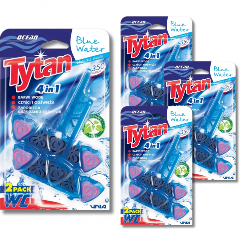 Kostka do WC 4 w1 barwiąca wodę Tytan Blue Water 2x40 g x 4 sztuki