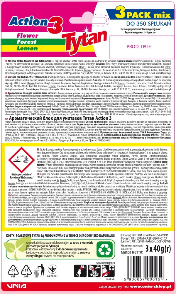 Kostka do WC Tytan Action 3 Flower, Forest, Lemon 3x40 g x 4 opakowania