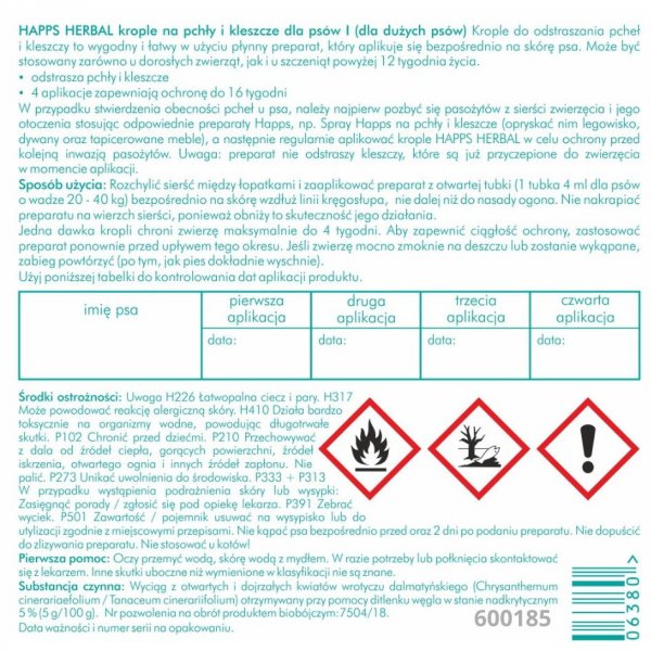 Krople przeciw pchłom i kleszczom dla psów dużych 20-40 kg Happs Herbal (4 sztuki)