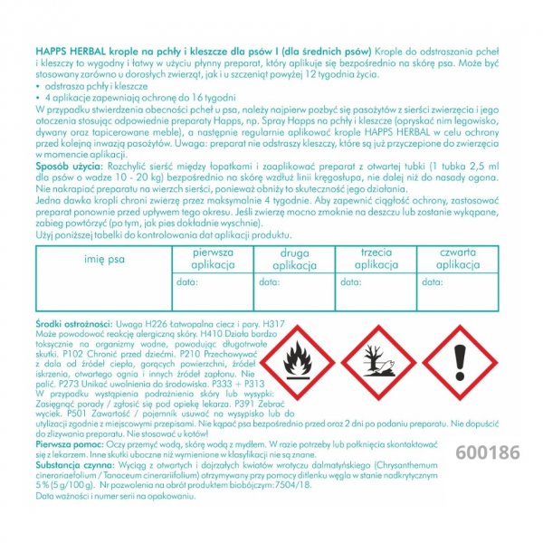 Krople przeciw pchłom i kleszczom dla psów średnich 10-20 kg Happs Herbal (4 sztuki)